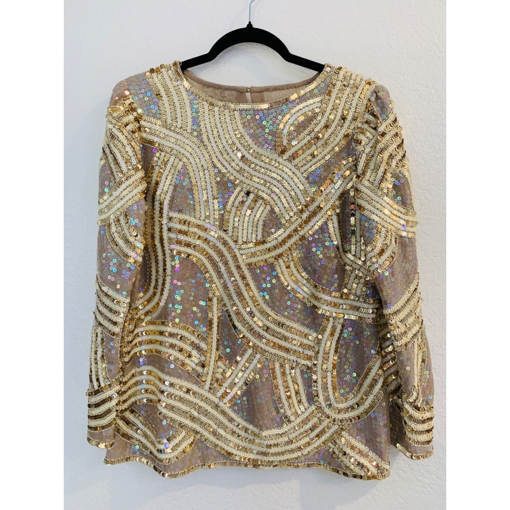 Vintage Jack Bryan Gold Sequin Top Size 12 Glam Party Blouse Old‎ Money Cocktail